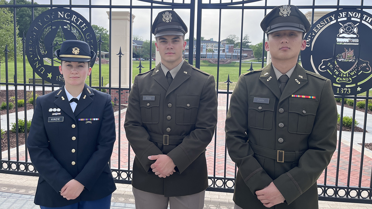 Zoe Kinzie, Maddox Rose and Hyunbean Park are among the roughly 50 cadets who will commission as second lieutenants from UNG at a May 2 ceremony in the Convocation Center. 