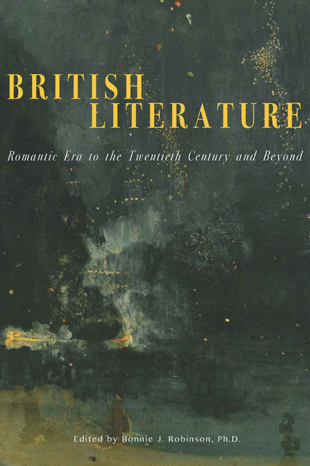 : Front cover image of British Literature II: Romantic Era to the Twentieth Century and Beyond (UNG Press, 2018). The title is in front of a blue-gray painting flecked with gold.