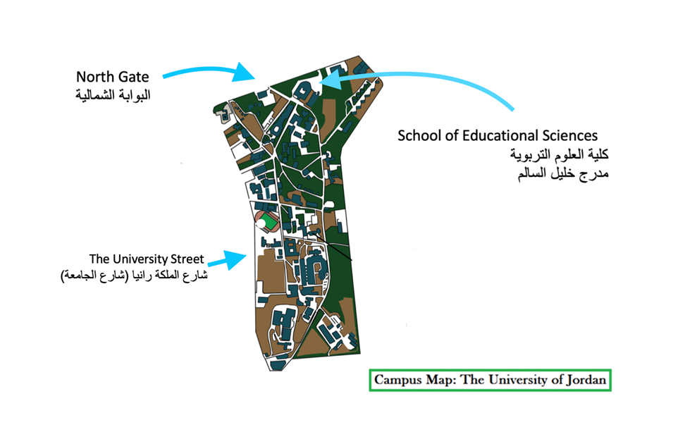 map of The University of Jordan, Amman showing the university street, the north gate, and the School of Educational Sciences