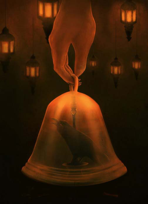 image of hand on bell with a bird with many lamp lights in the background inside