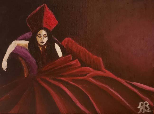 image of woman with black hair in long red drapery