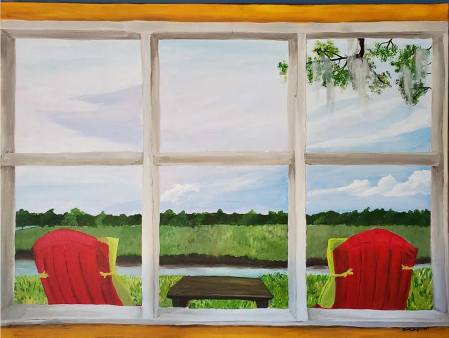 painting of view looking out of window - two chairs, water and green field in view
