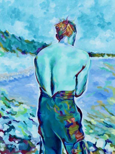 back view of a person with color palette of blues and greens