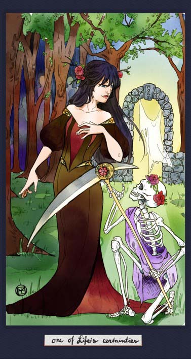 illustration with woman with black hair and kneeling skeleton with scythe 