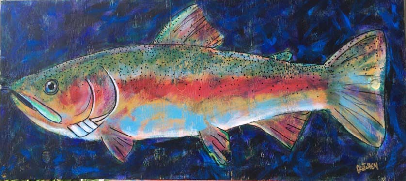 painting of rainbow trout on wood
