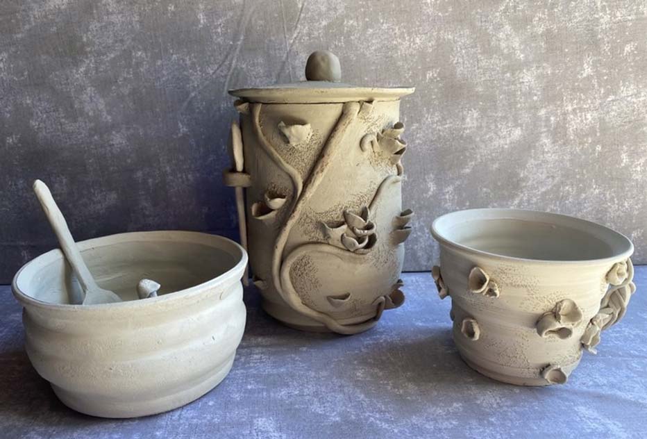 three different ceramic greenware