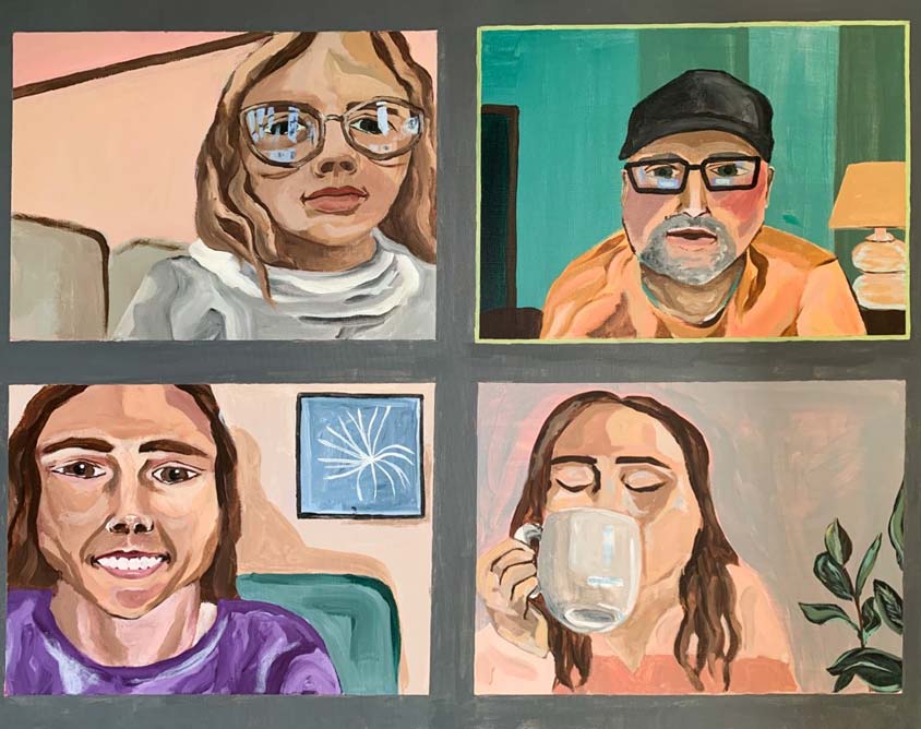 painting of four people in blocks like a zoom meeting