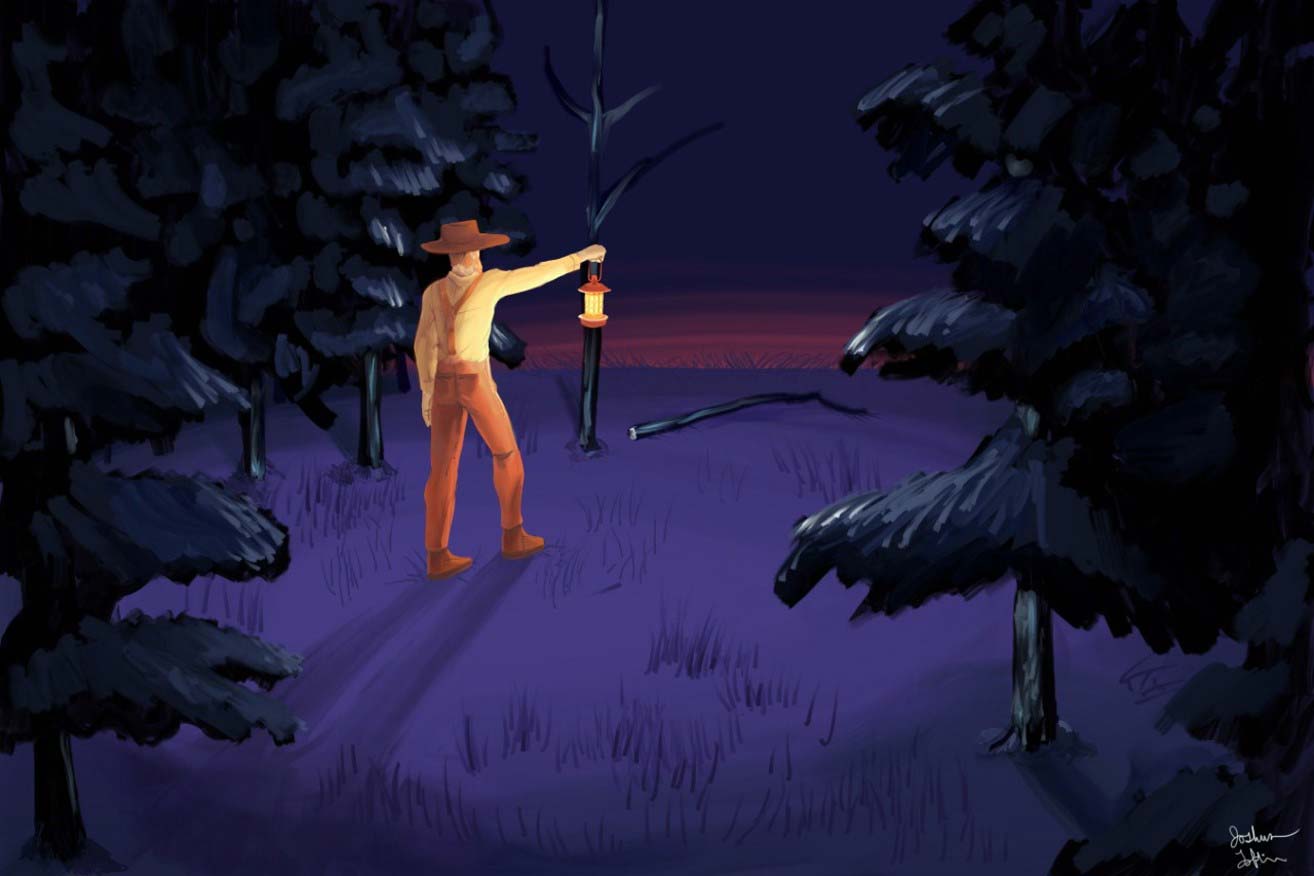 painting of a man in the wooded area with a lamp
