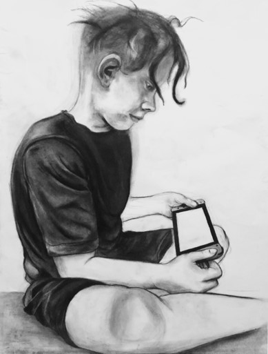 charcoal drawing of young male playing nintendo switch