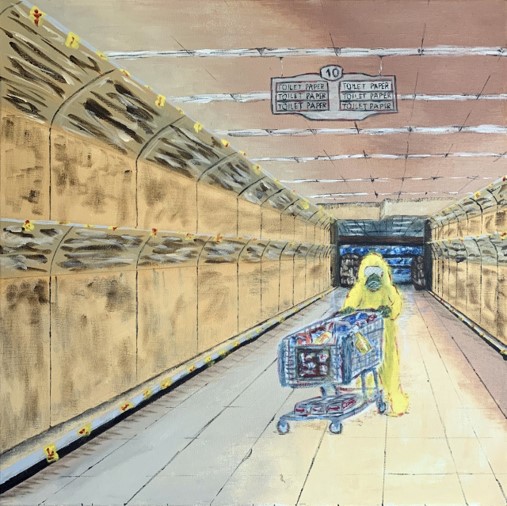 acrylic painting of person in hazmat suit shopping for groceries