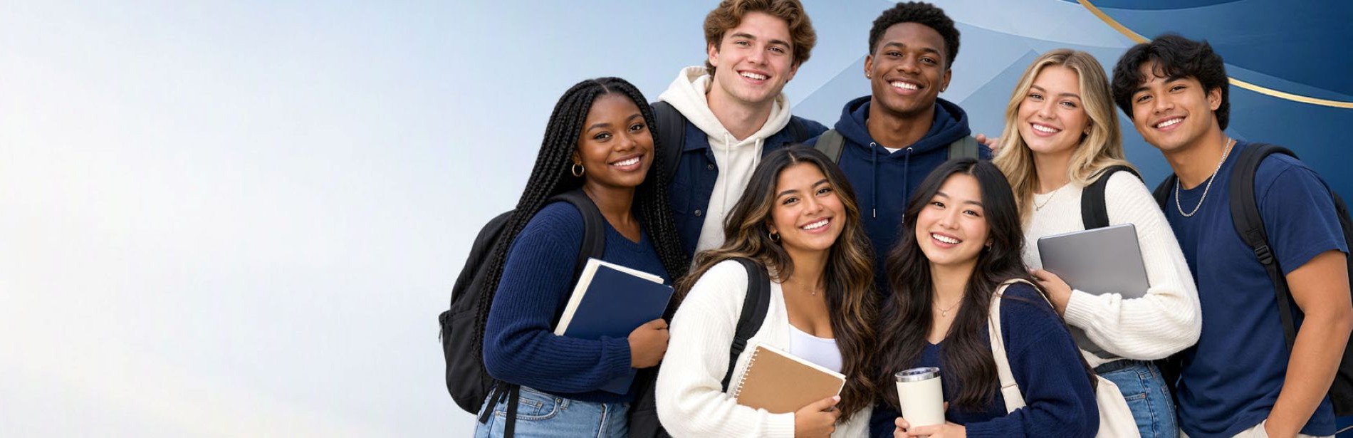 7 happy students from different backgrounds smiling holding books