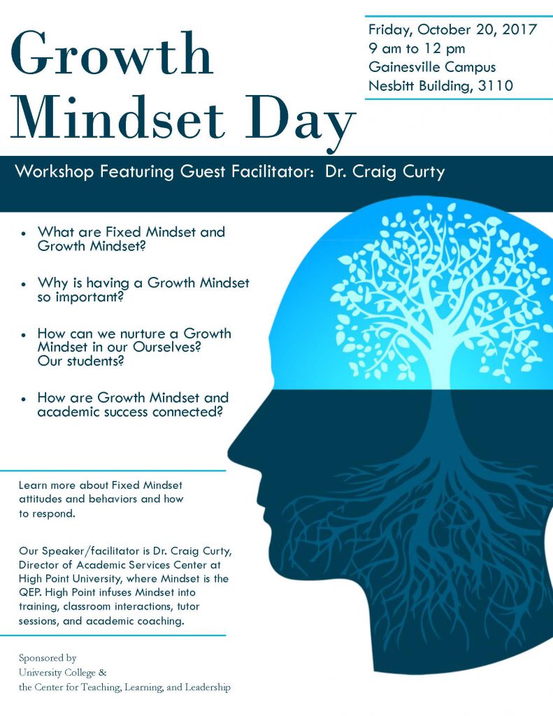 Growth Mindset Day is October 20, 2017. Craig Curty will be the guest speaker. Event starts at 9:00 a.m. in Nesbitt 3110 on the Gainesville Campus