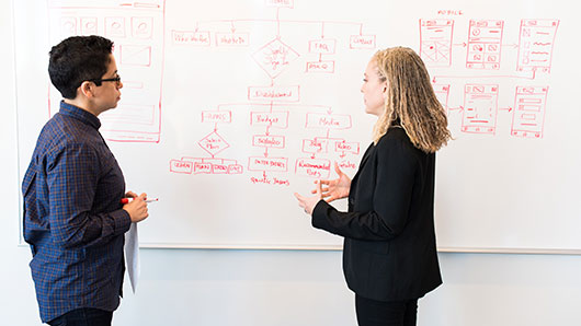 colleagues planning in front of white board