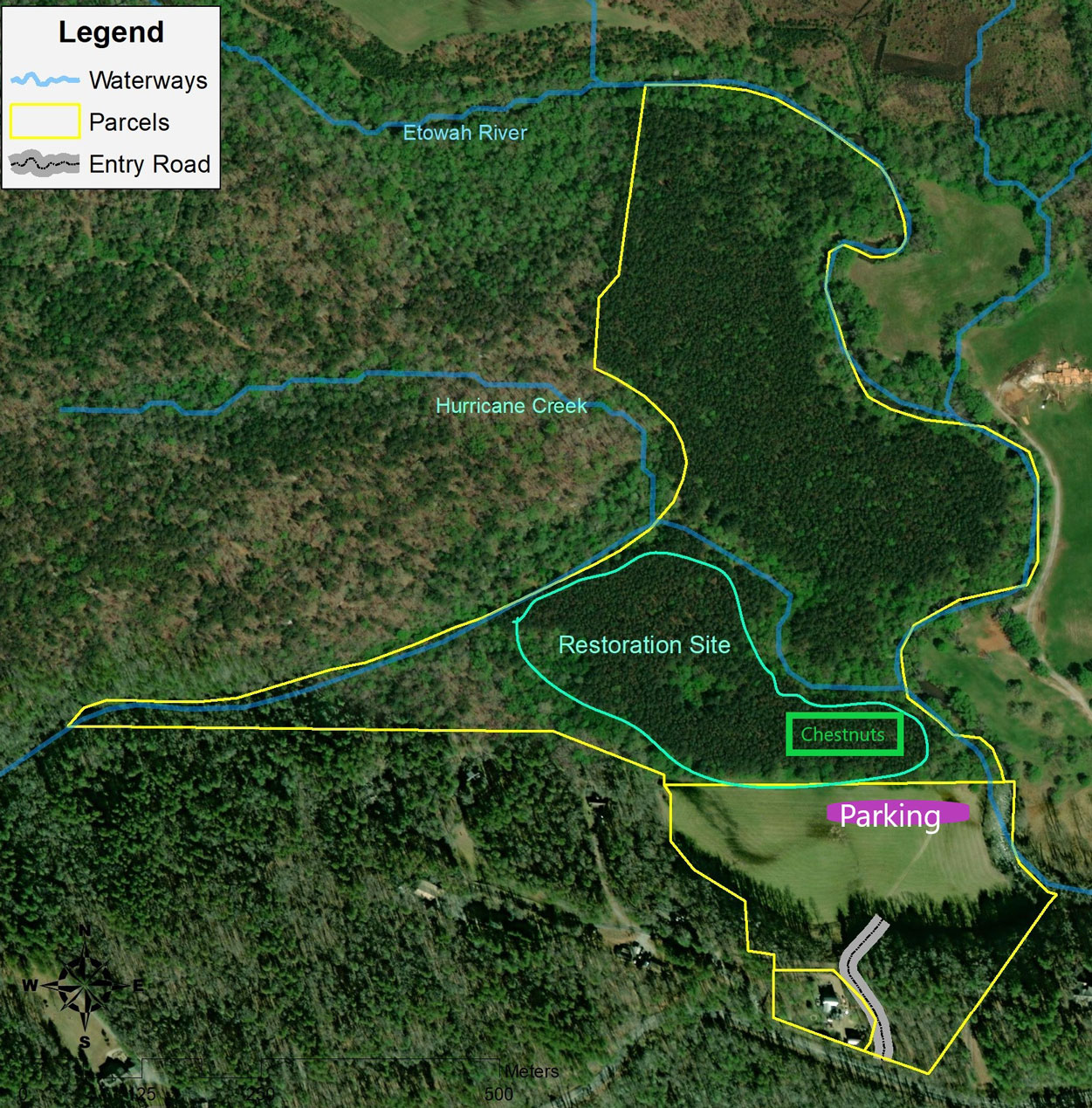 map of research site - legend indicates waters, parcels, and entry road - parking is labeled in grassy area in lower right corner