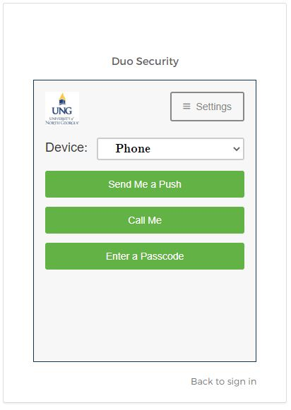 screen prompt for two factor authority with fields to send a push to phone, call, or enter a passcode