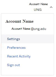 Drop down menu at upper right of page with the account name - when activated, shows a submenu with settings option