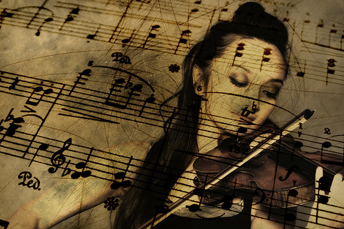 Sheet music superimposed on violinist