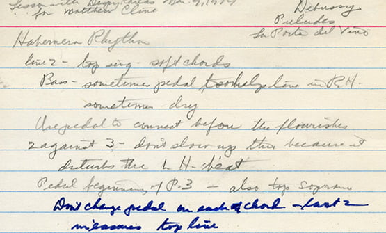 Lesson with Gregory... for Matthew Cline... Debussy Prelude - La Porta del Vino... Habanera Rhythm - line 2 ... soft chords. Bass - sometimes pedal... sometimes dry... Unpedal to connect before the flourishes. 2 against 3 - don't slow up this because it disturbs the L.H. heat... pedal beginning of p. 3 - also try soprano. Don't change pedal on each chord - last 2 ... top line.