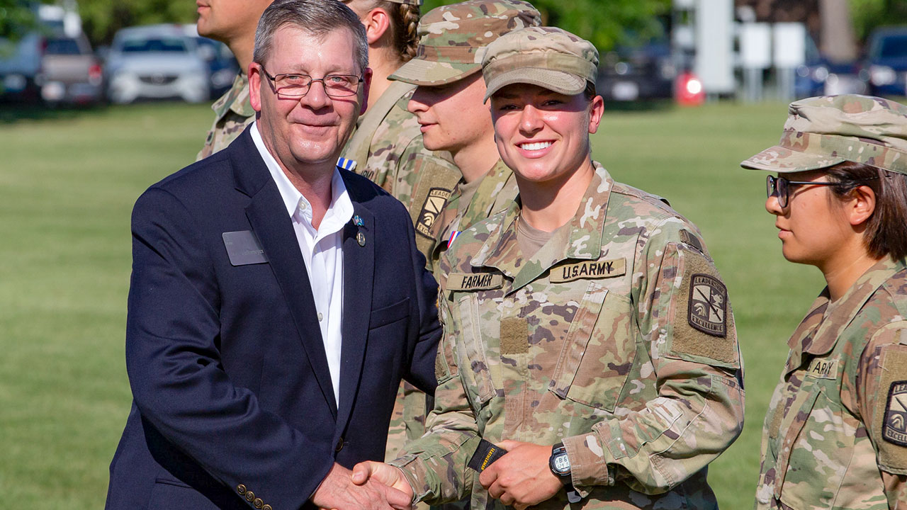 Cadet Capt. Hayley Farmer earned the USAA Warrior Ethos Award at Advanced Camp. She also mentored younger cadets at Basic Camp. Both events were at Fort Knox, Kentucky.