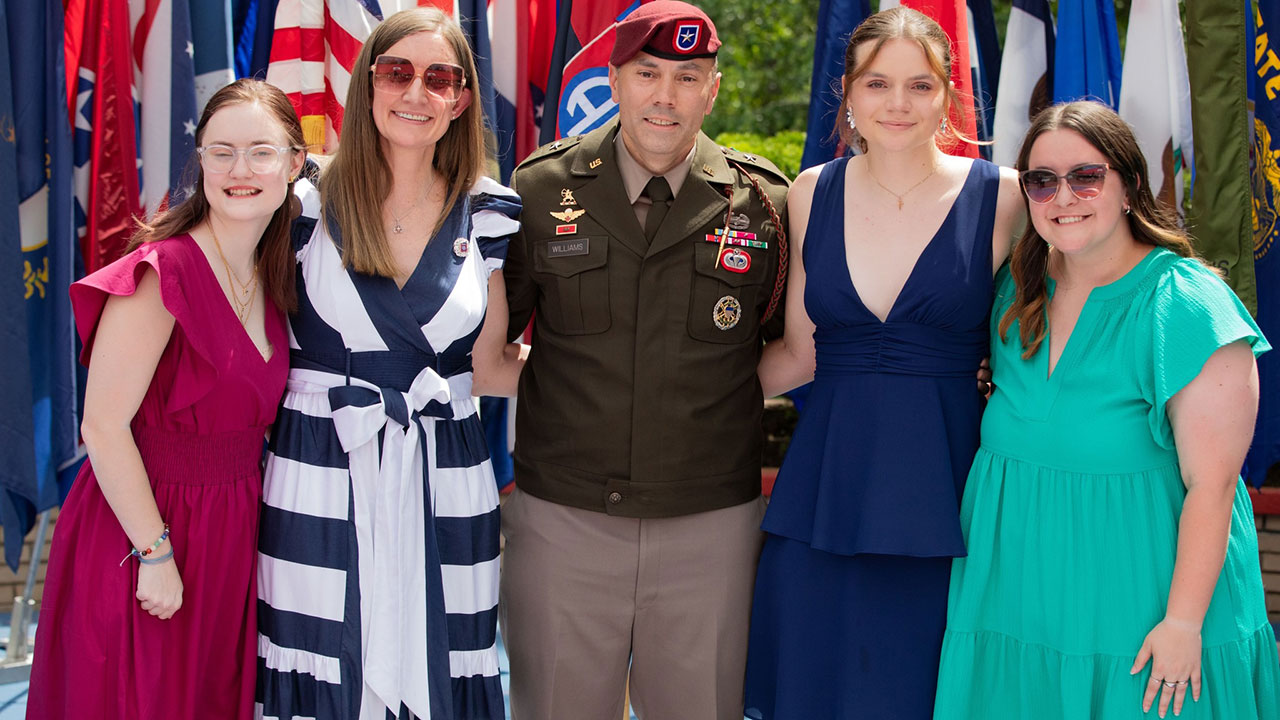 Alumnus Brig. Gen. Jason T. Williams became UNG's newest general in a May 16 ceremony at Fort Liberty, North Carolina. He is pictured with his wife, Shelley, and his three daughters. 