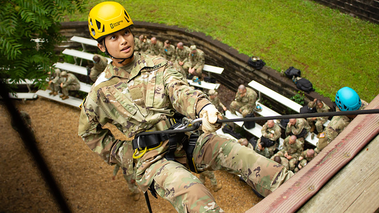 Repelling from a tower at Camp Frank D. Merrill, the US Army Ranger training base, is just one of the opportunities afforded to FROGS during FROG Week at UNG. 