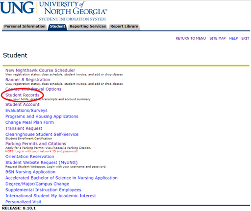 banner student menu with link of student records circled in red