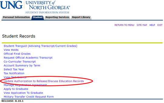 Banner with Student records menu open with Update Authorization to release discuss education records circled in red