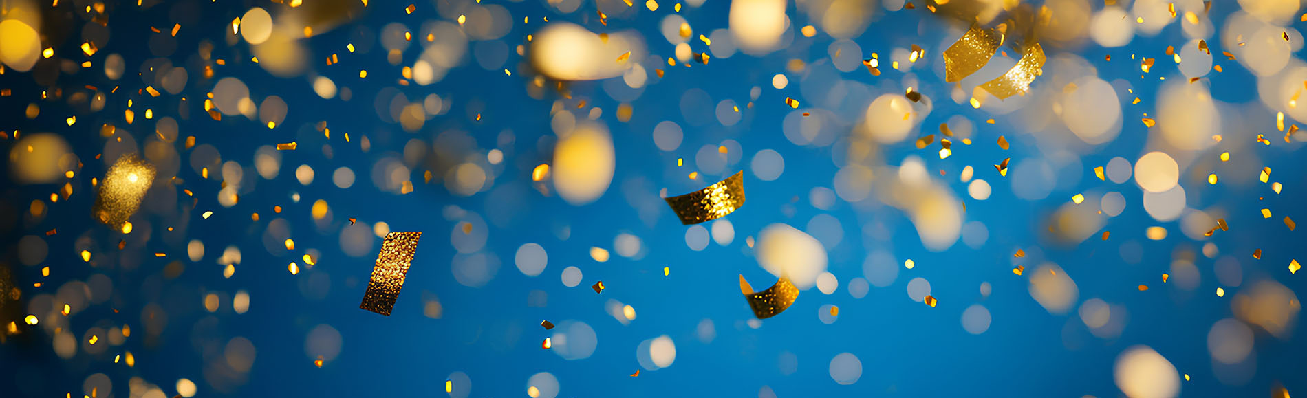 blue confetti and swirling gold