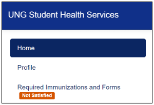 UNG Student Health Services banner, choose "home", first choice of three options