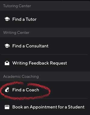 screen shot of Success Hub screen: Find a Coach is circled under the Academic Coaching heading