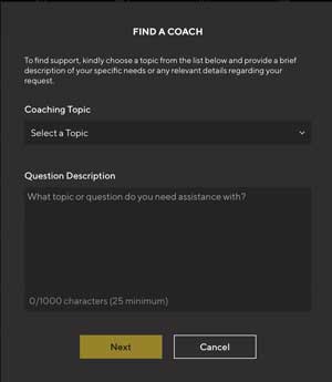 Screenshot of Success Hub screen: Find a Coach and select a topic