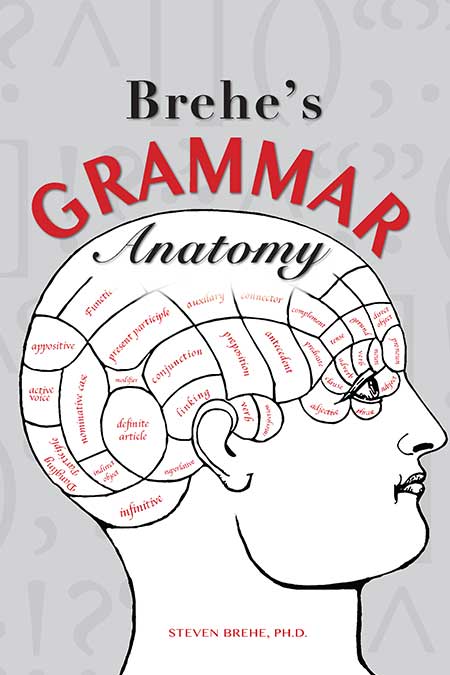 Front cover image of Brehe’s Grammar Anatomy (UNG Press 2019). A drawing of a man looks to the right. His head is divided into different sections, each labeled with a different grammar term.