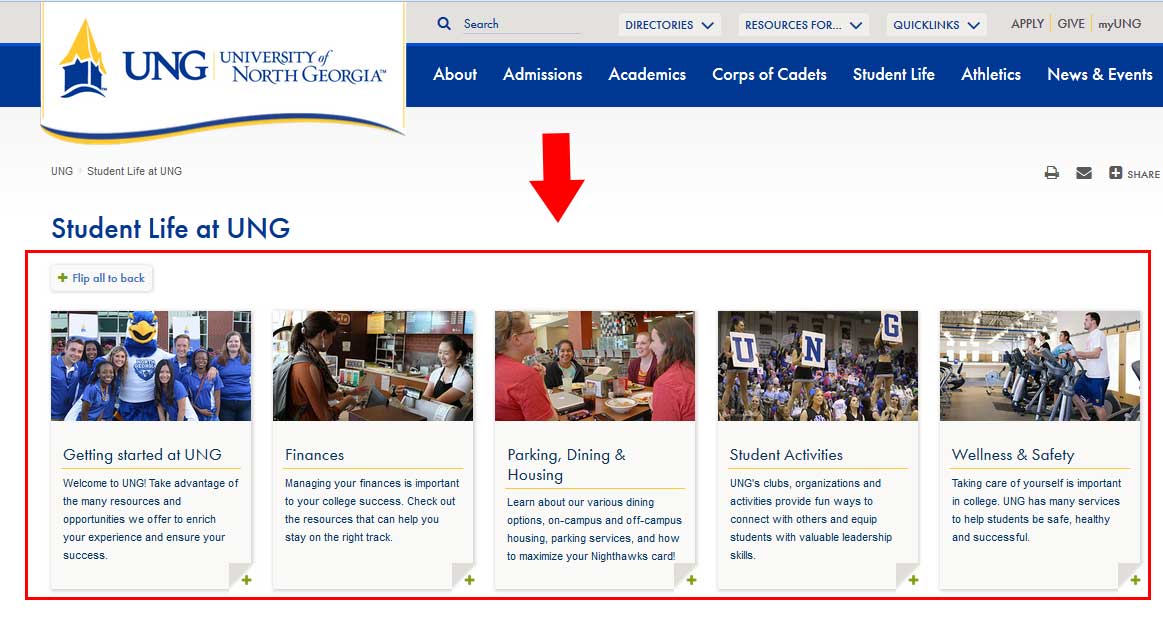 A 'live' web page that is using a flip box block. The block of content is outlined and has an arrow pointing to it, clicking will take you to the student life web page