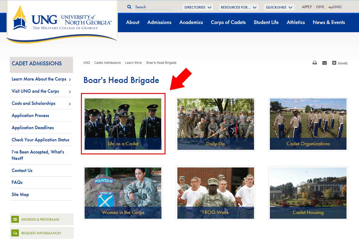 A 'live' web page that is using a image block. The block is outlined and has an arrow pointing to it, clicking will take you to the cadet admissions web page