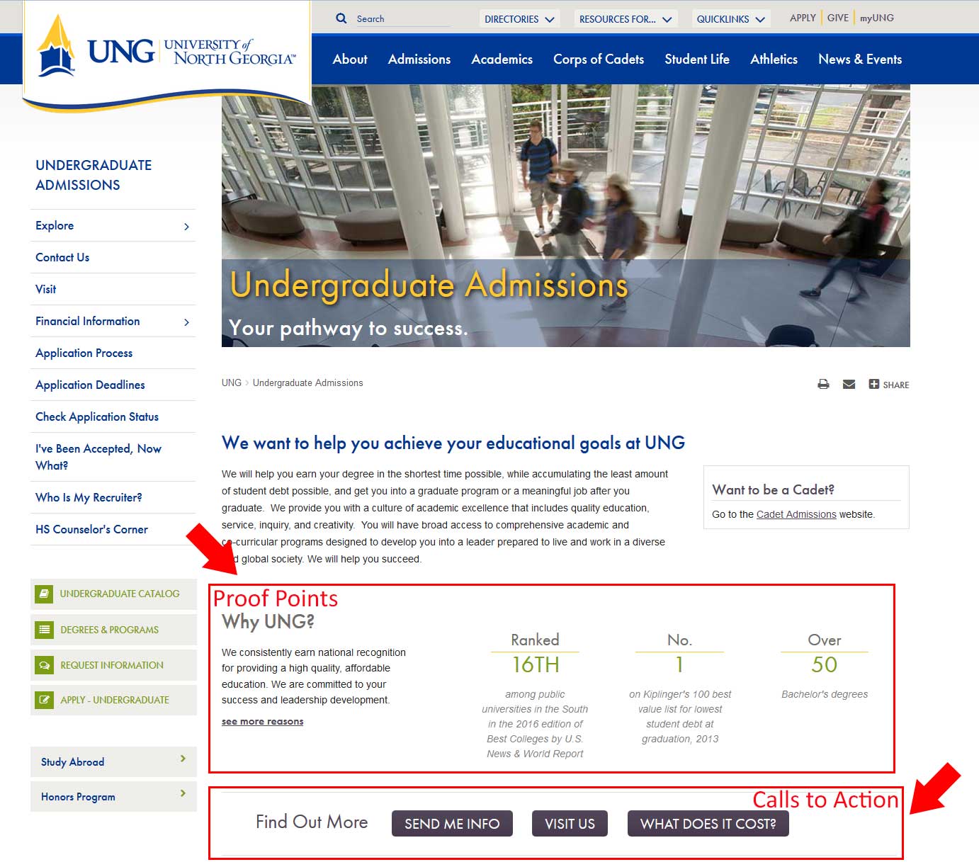 A 'live' web page that is using a power point and call to action blocks. The blocks of content are outlined and has arrows pointing to them, clicking will take you to the undergraduate admissions web page