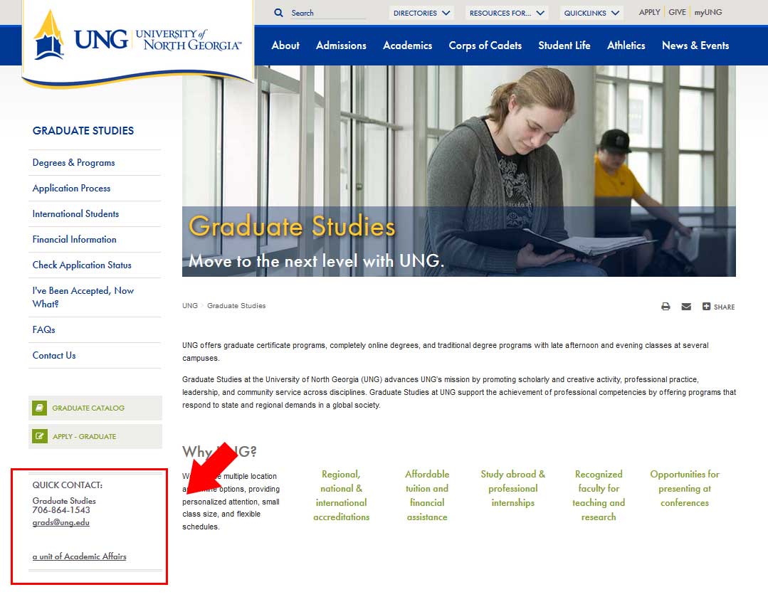 A 'live' web page that is using a quick contact block. The block of content is outlined and has an arrow pointing to it, clicking will take you to the Graduate Studies web page.