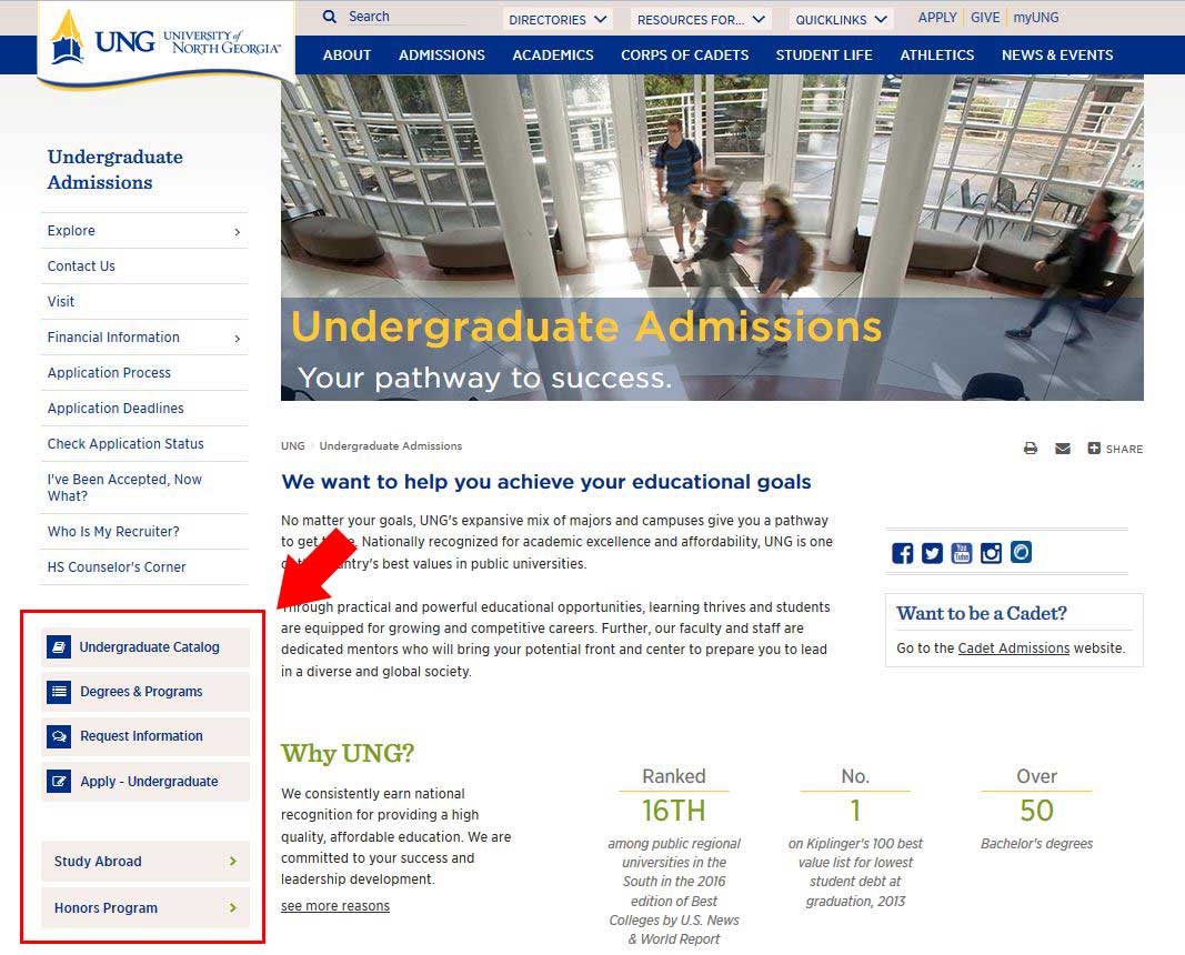 A 'live' web page that is using a featured/related block. The block of content is outlined and has an arrow pointing to it, clicking will take you to the Undergraduate Admissions web page