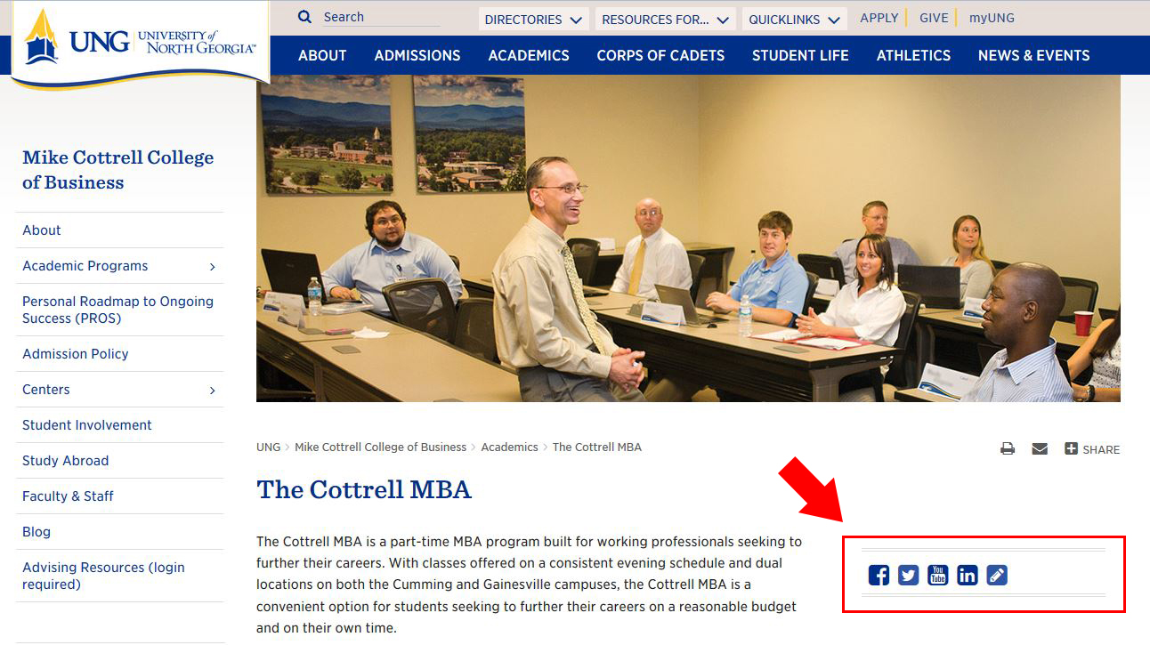 A 'live' web page that is using a social bar block. The social bar block is outlined and has an arrow pointing to it, clicking will take you to the MBA web page.