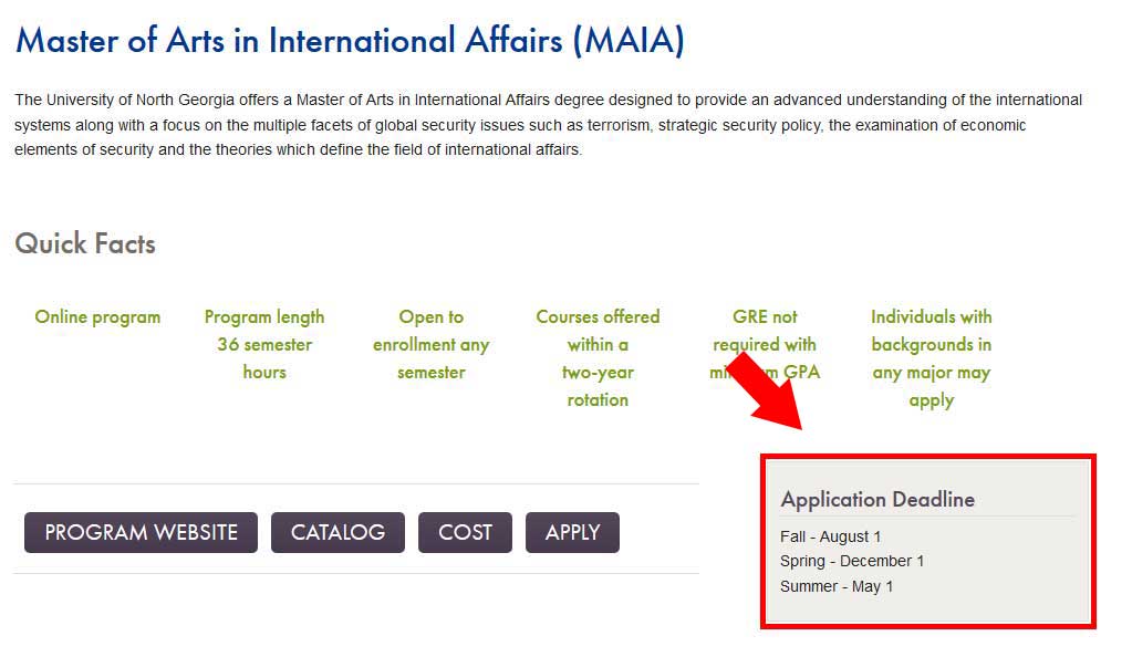A 'live' web page that is using a basic text - plain or boxed block. The block of  content is outlined and has an arrow pointing to it, clicking will take you to the Master of Arts International Affairs (MAIA) web page
